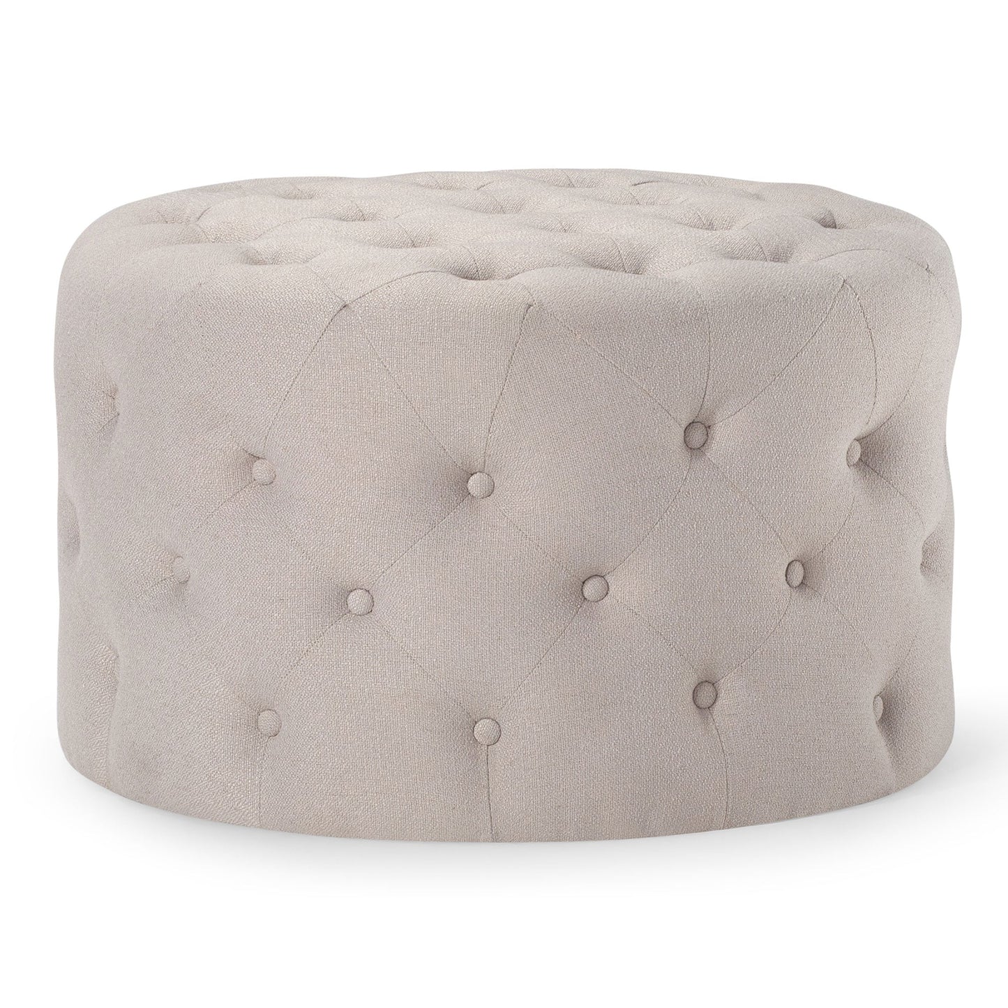 Marcy Classical Round Ottoman in Dove Fabric Upholstery
