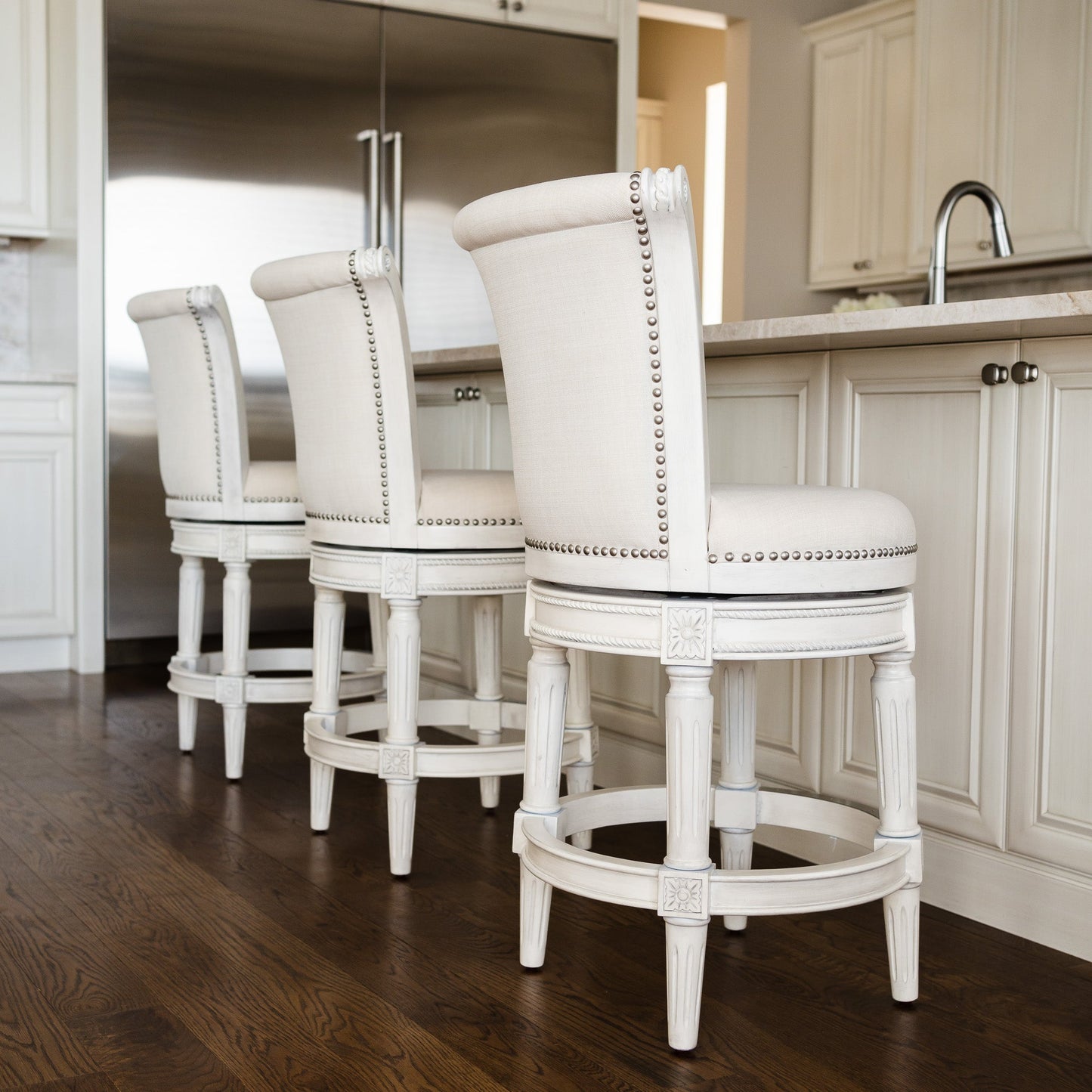 Pullman Bar Stool in White Oak Finish with Natural Fabric Upholstery