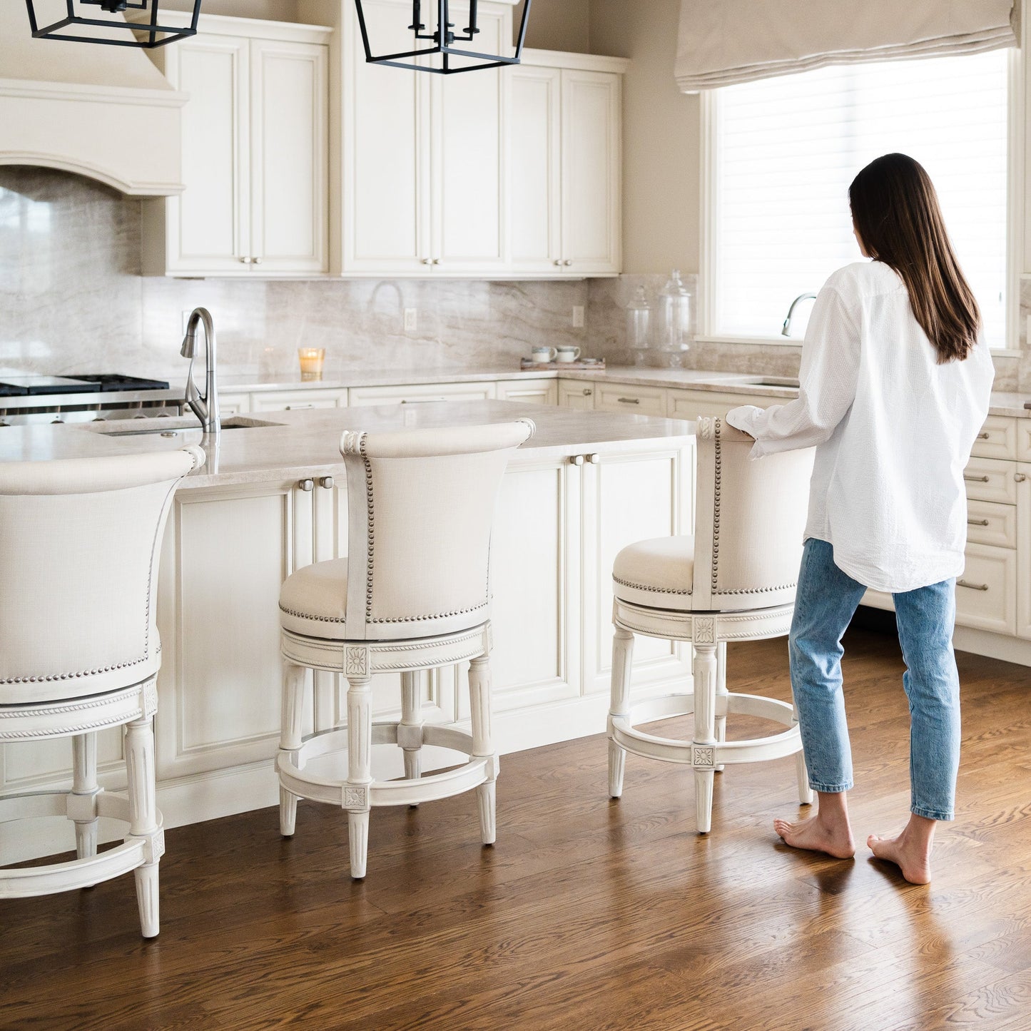 Pullman Bar Stool in White Oak Finish with Natural Fabric Upholstery