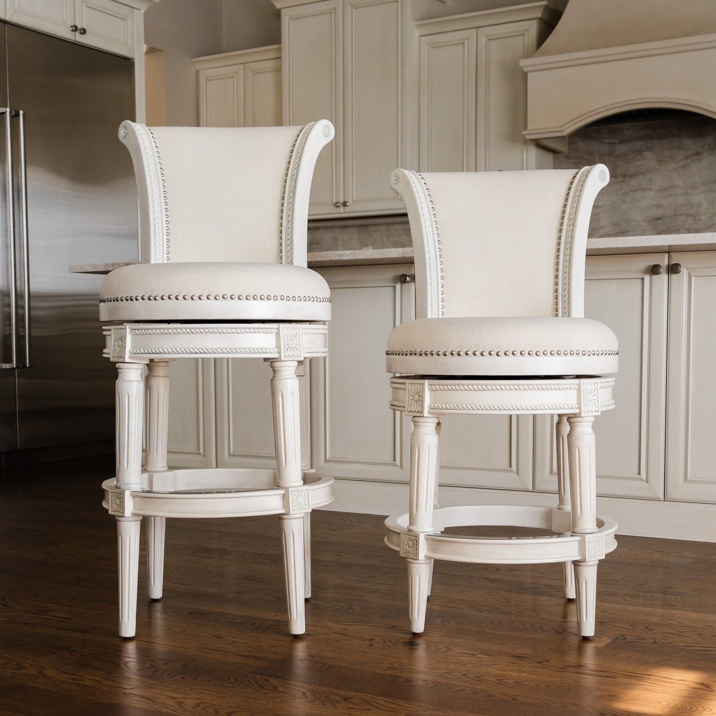 Pullman Bar Stool in White Oak Finish with Natural Fabric Upholstery