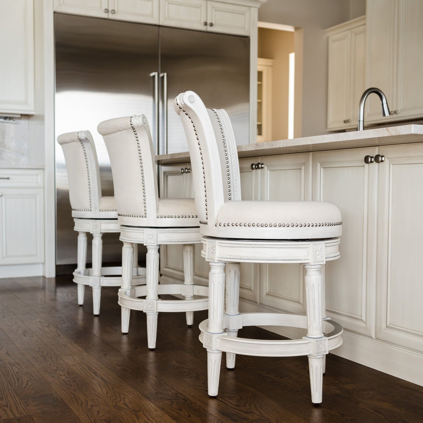 Pullman Bar Stool in White Oak Finish with Natural Fabric Upholstery