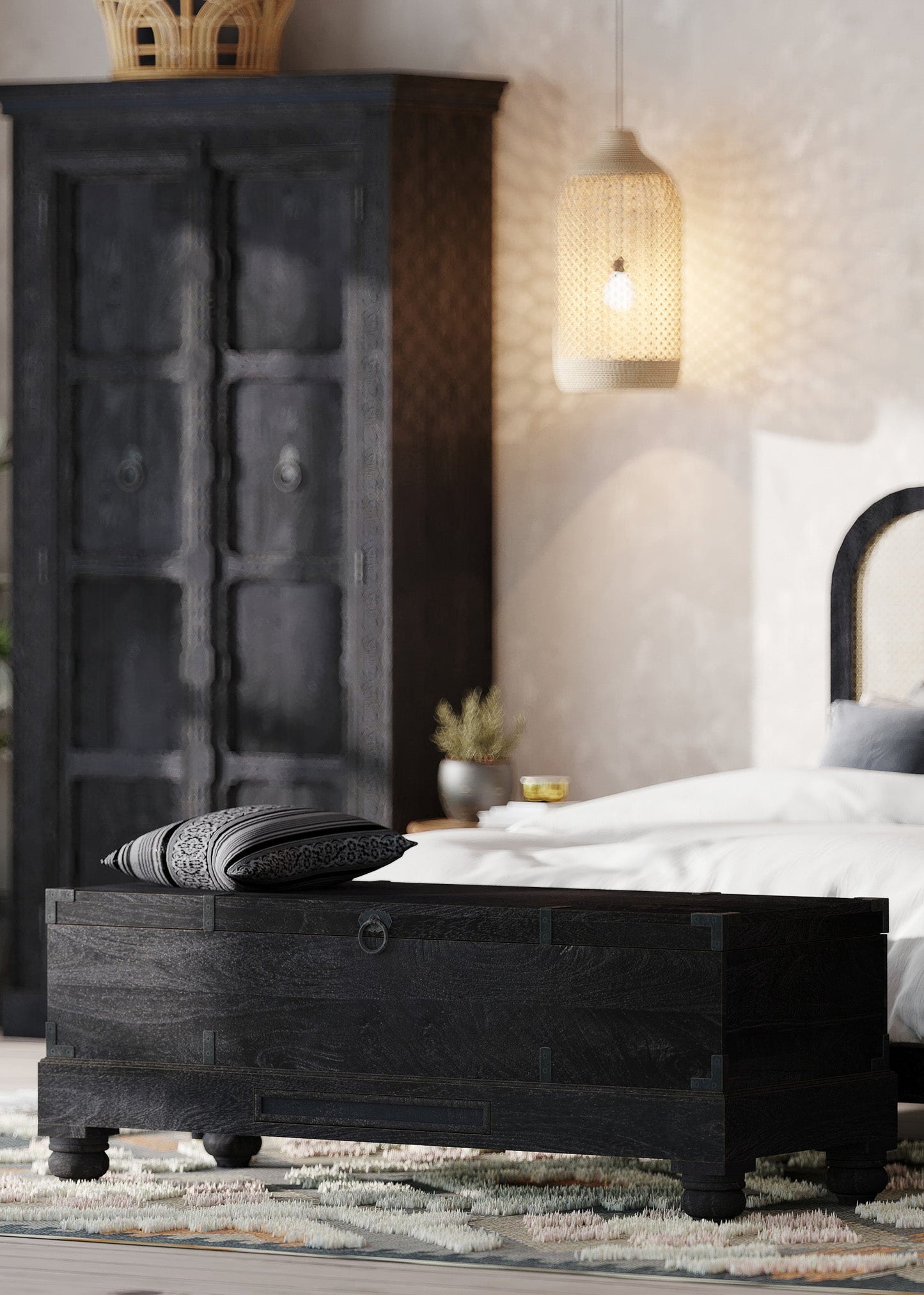Nerio Nomad Wooden Storage Bench in Black Distressed Finish