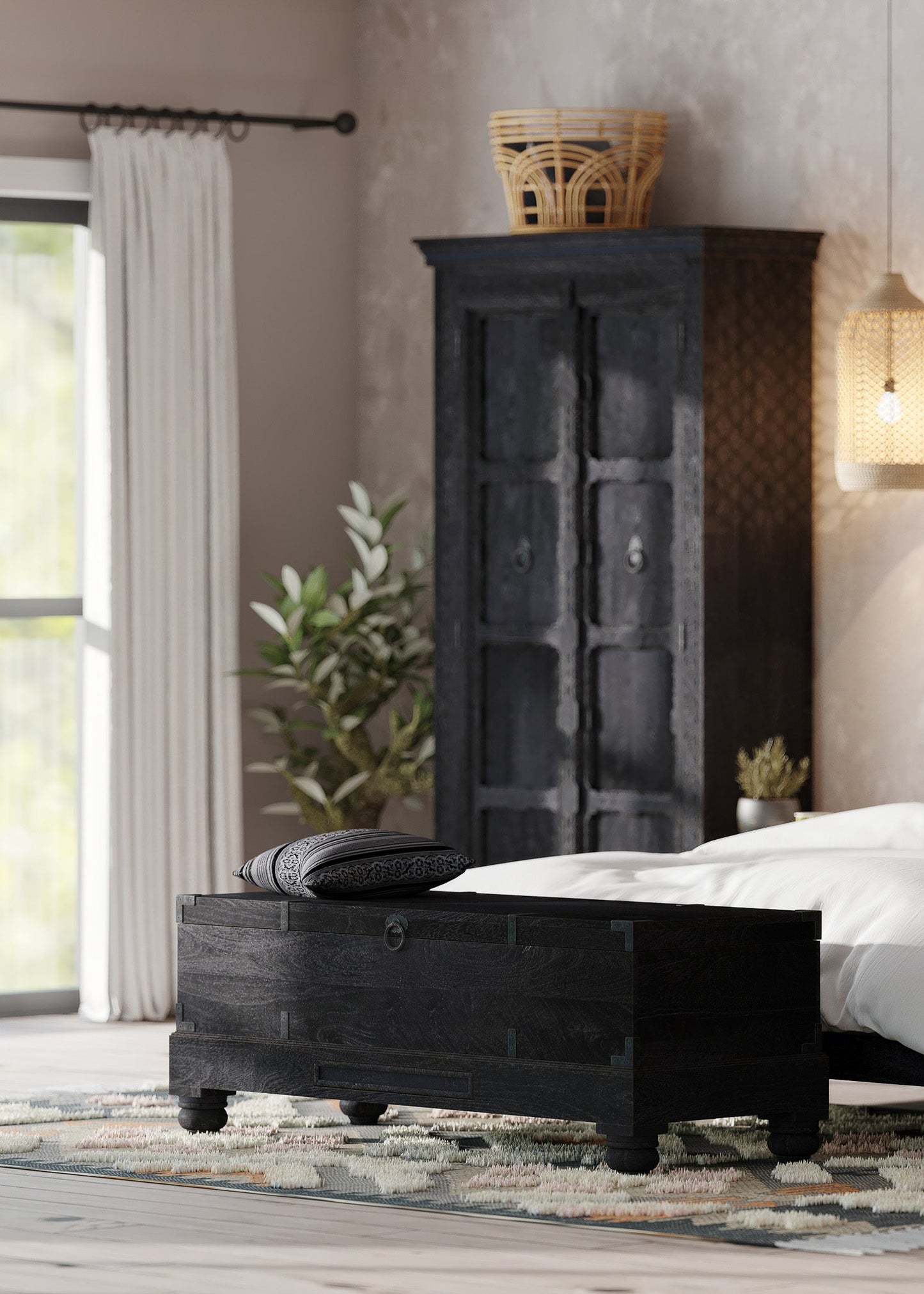 Nerio Nomad Wooden Storage Bench in Black Distressed Finish