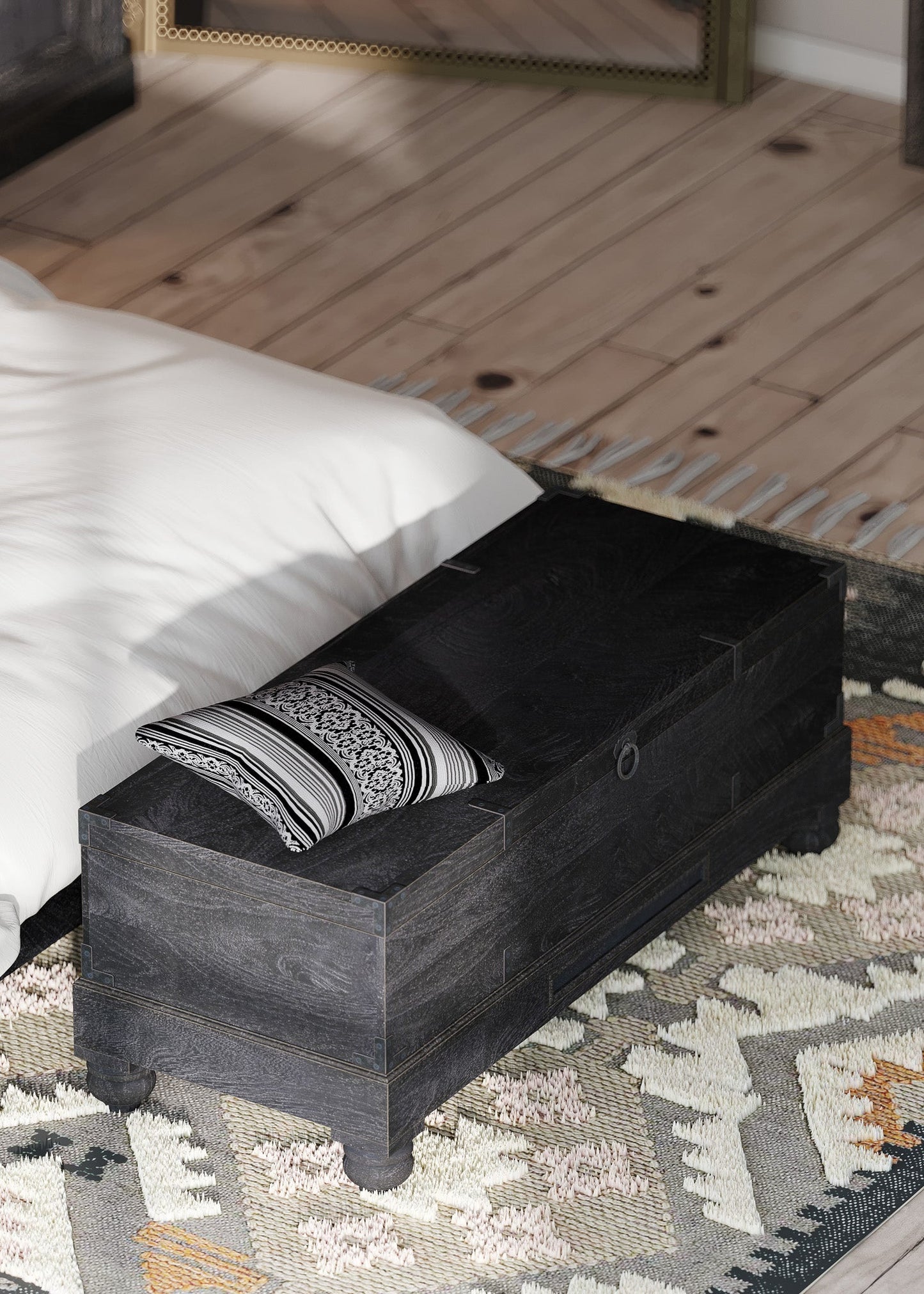 Nerio Nomad Wooden Storage Bench in Black Distressed Finish