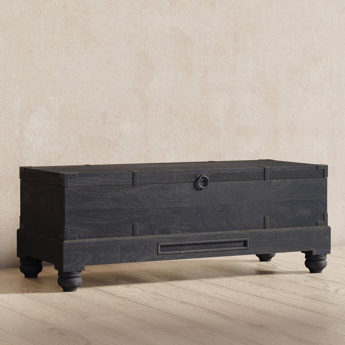 Nerio Nomad Wooden Storage Bench in Black Distressed Finish