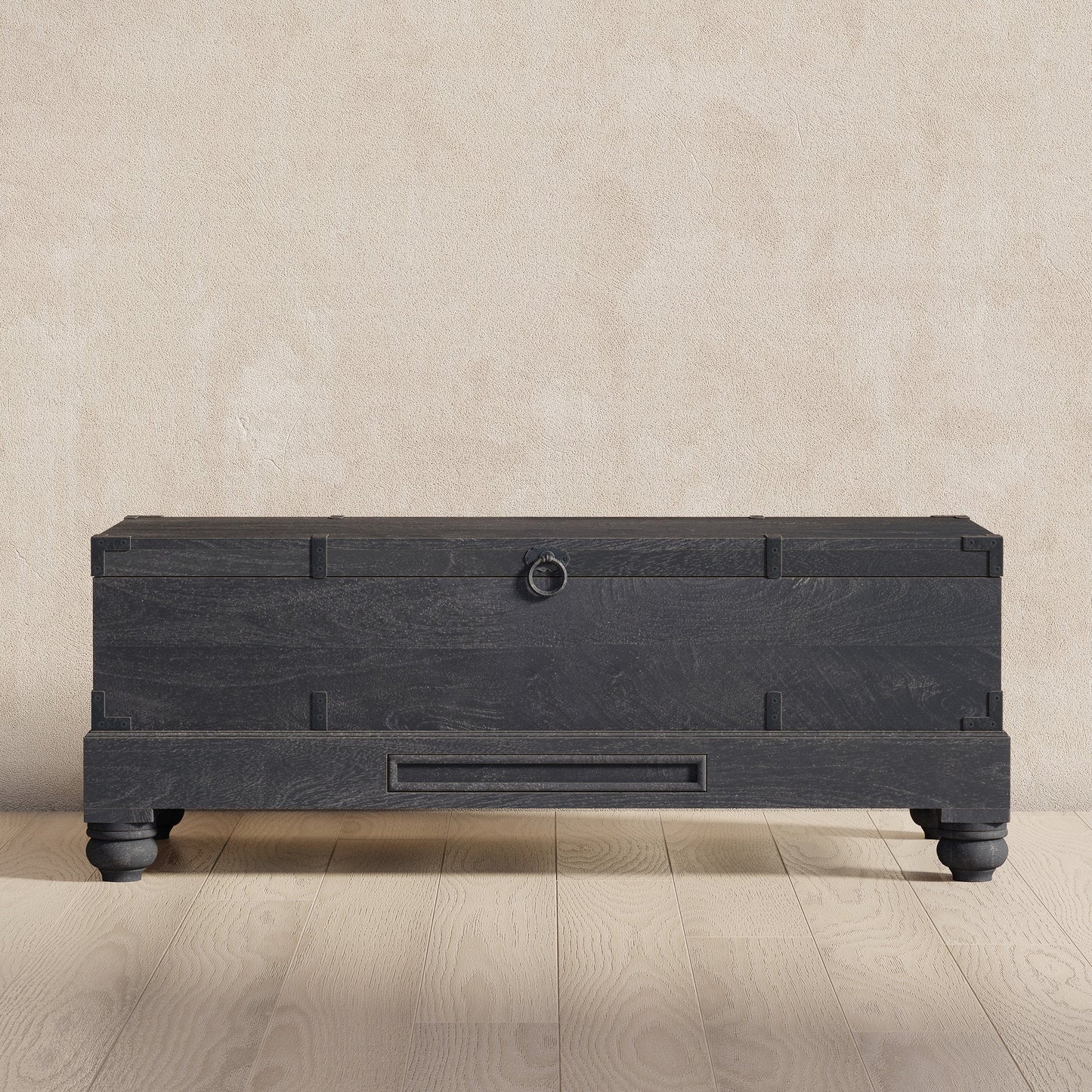 Nerio Nomad Wooden Storage Bench in Black Distressed Finish