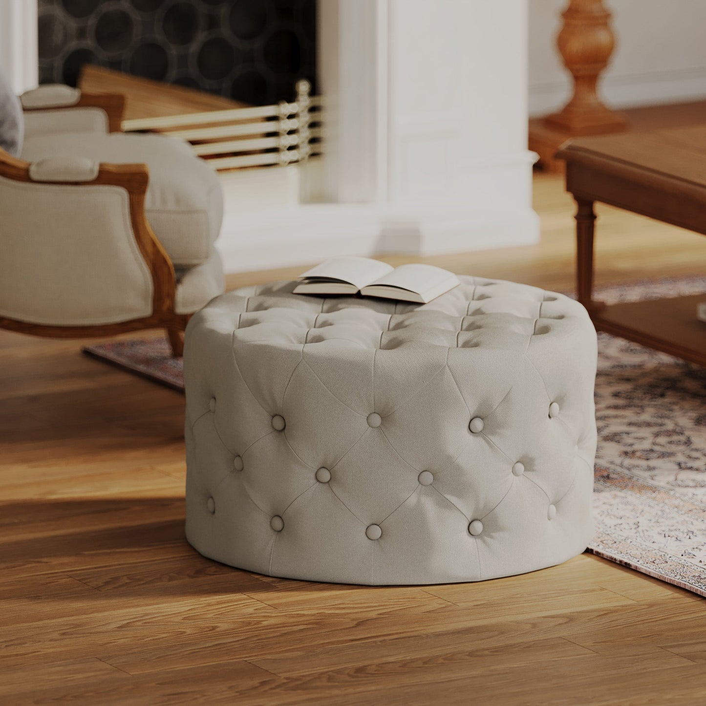 Marcy Classical Round Ottoman in Dove Fabric Upholstery