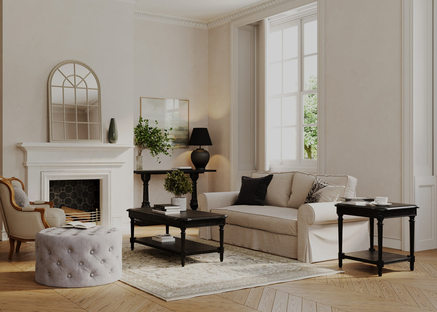 Marcy Classical Round Ottoman in Dove Fabric Upholstery